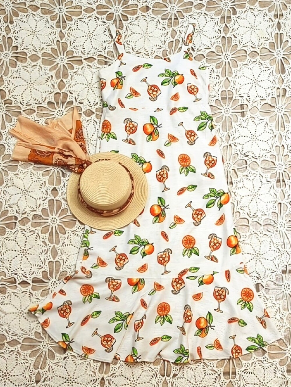 Linen Blend Citrus And Drinks Print Ruffle Tropical Vacation Maxi Sundress